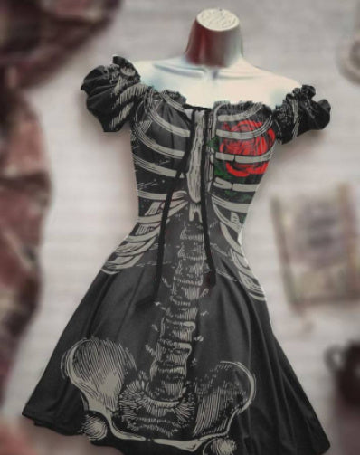 Gonna a trapezio da donna a manica corta con stampa teschio 3D di Halloween